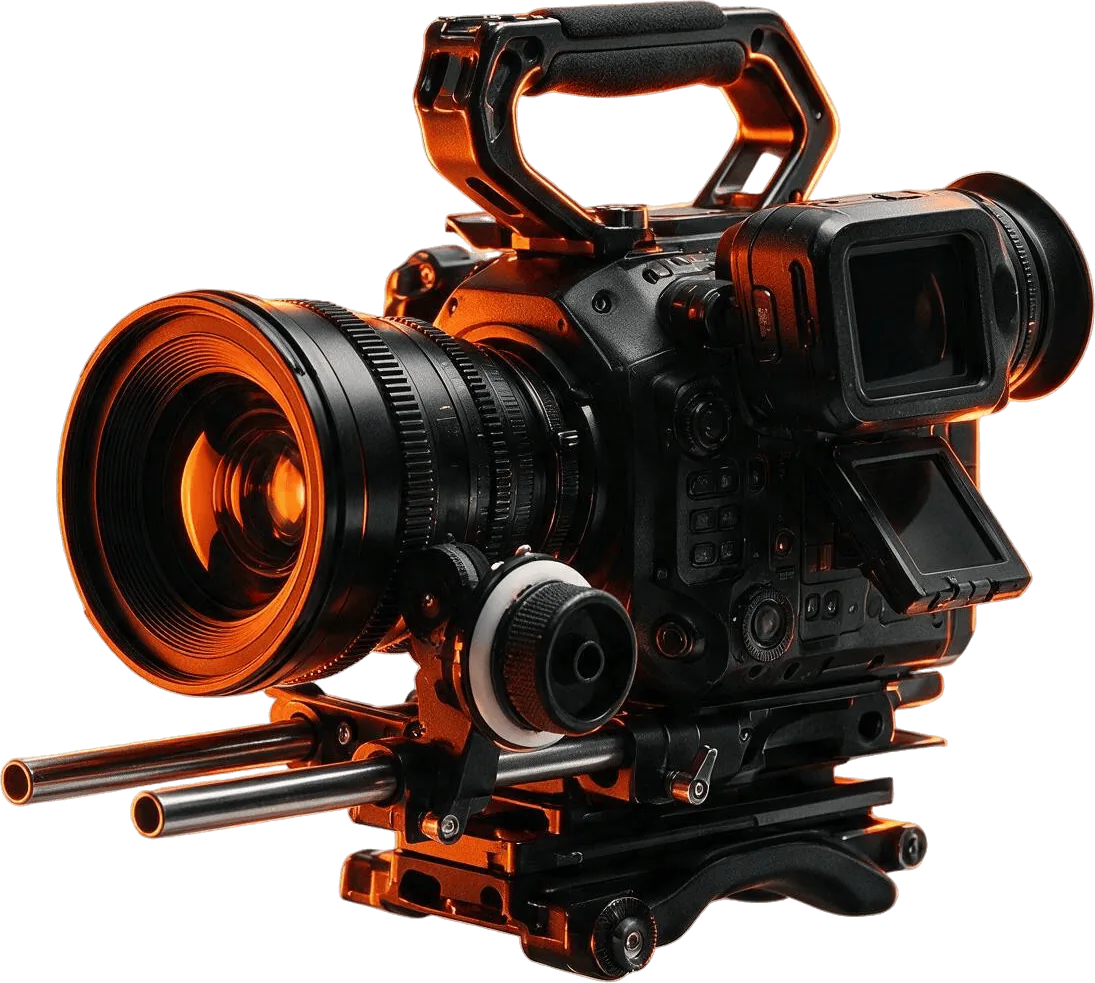 Câmera de cinema com reflexos de luz laranja